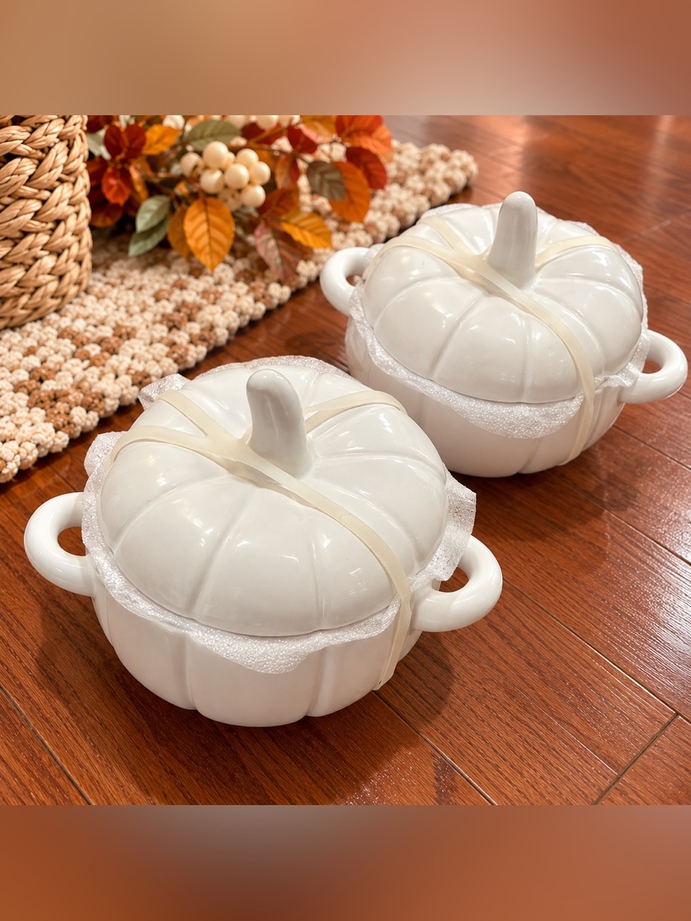 White Ceramic Pumpkin Serving Bowls with Lids | Set of 2